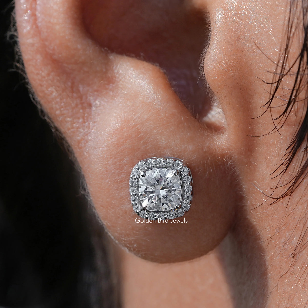 Cushion Cut Moissanite Halo Stud Earrings