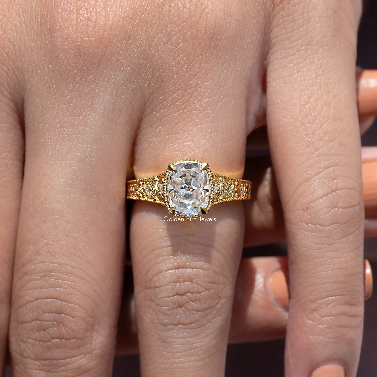 Old Mine Cushion Cut Moissanite Diamond Accent Ring