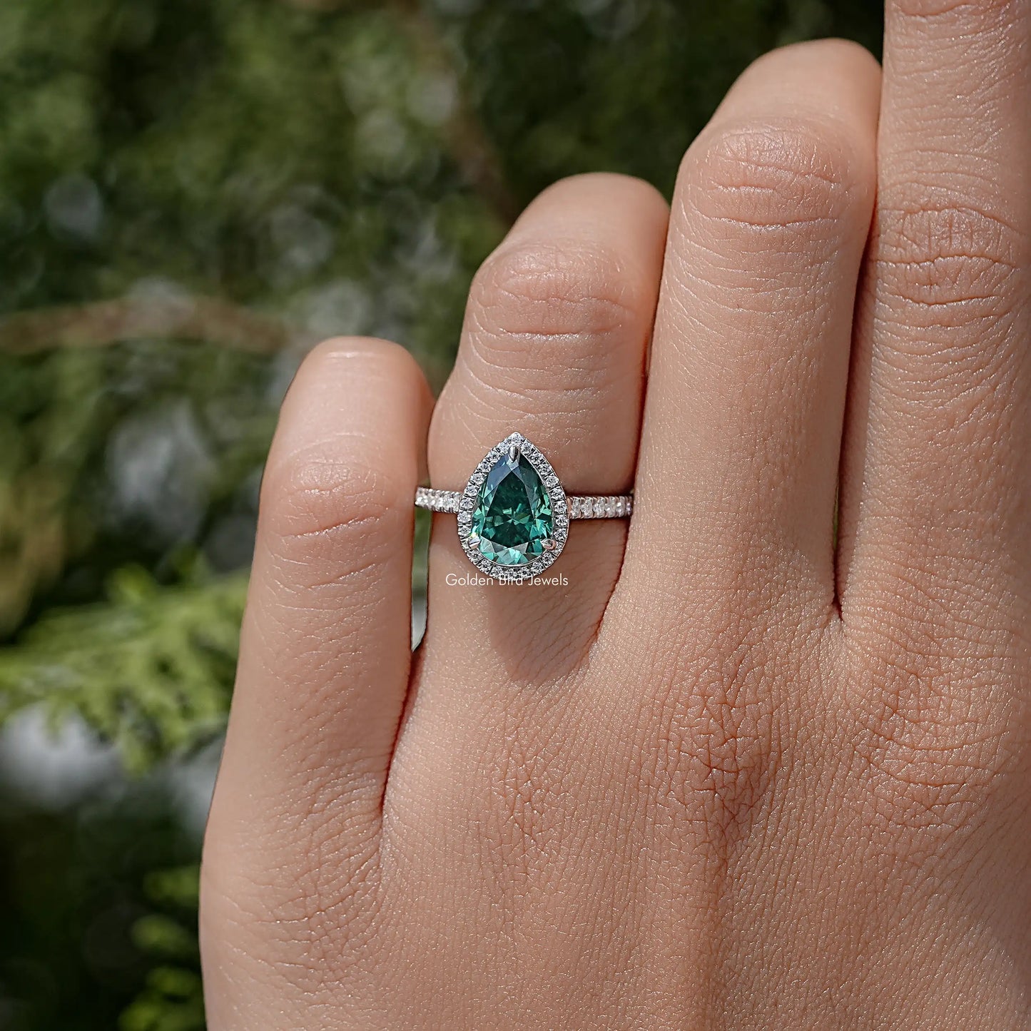 Pear Cut Moissanite Gemstone Accent Halo Ring