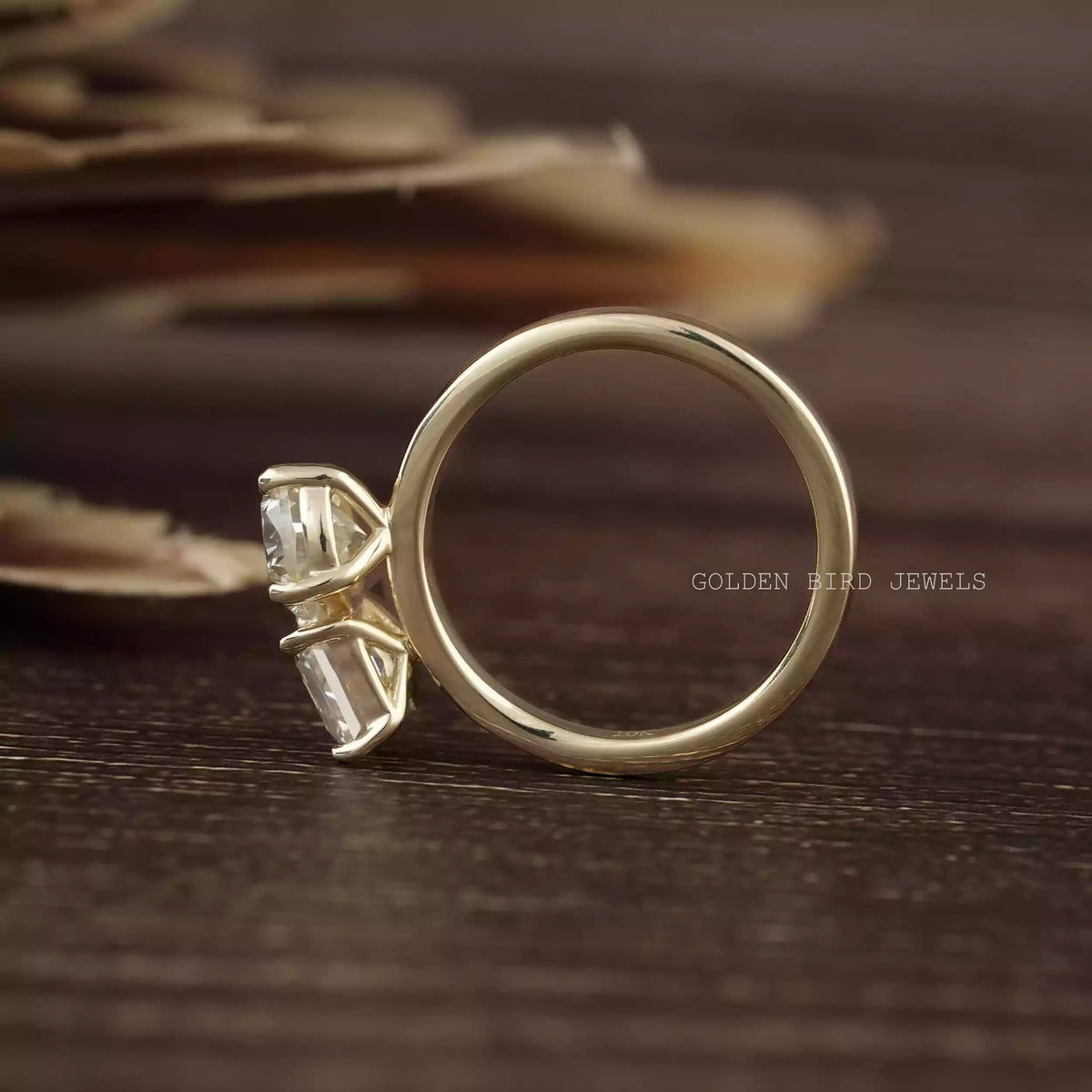 Back view of moissanite ring in secure setting