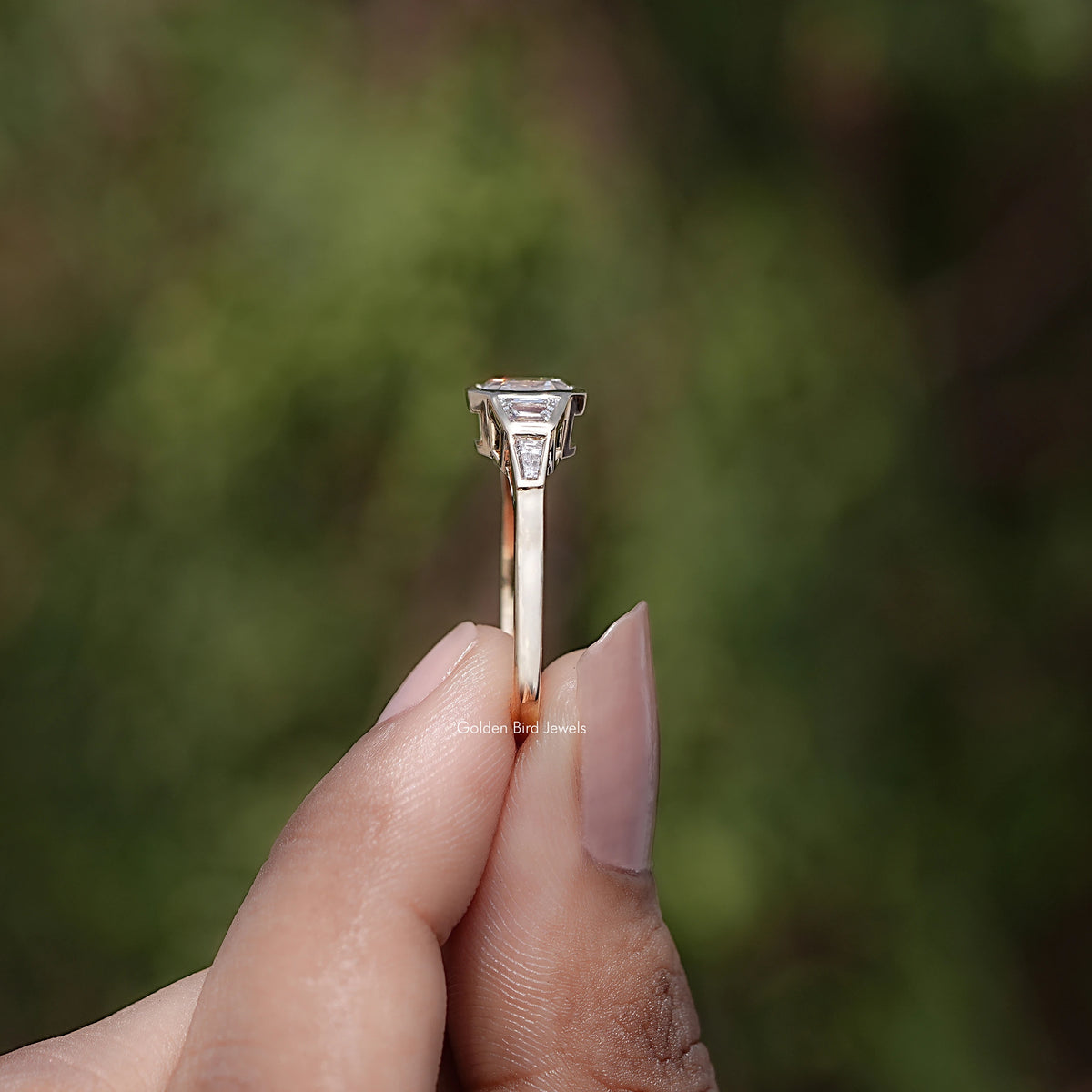 Side View of Asscher And Trapezoid Lab Diamond Five Stone Ring