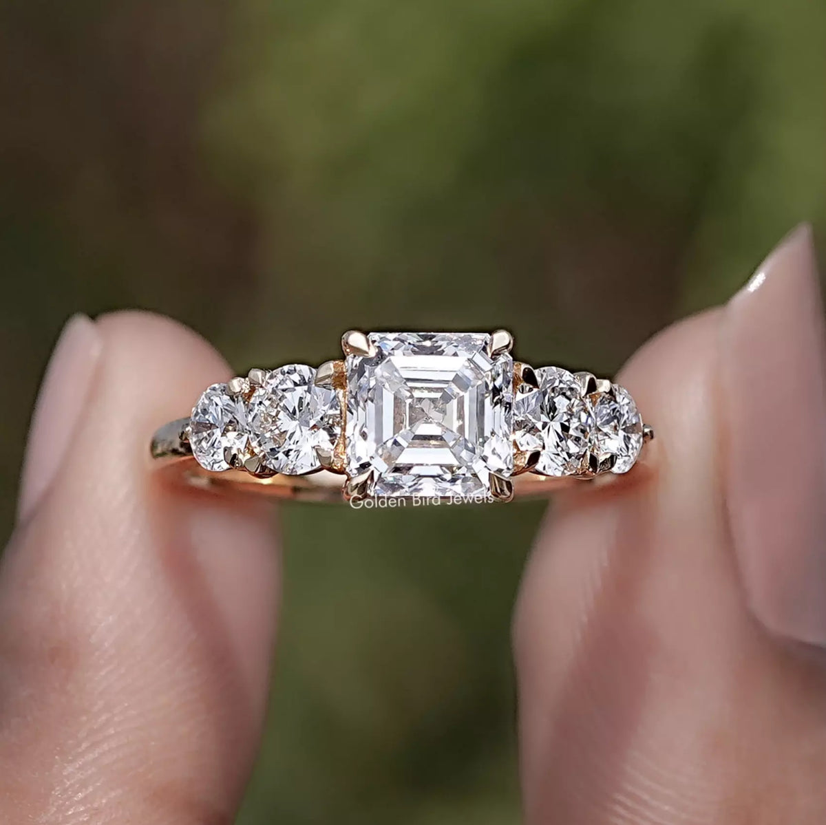 Asscher Cut Lab Grown Diamond Five Stone Ring in Two Fingers