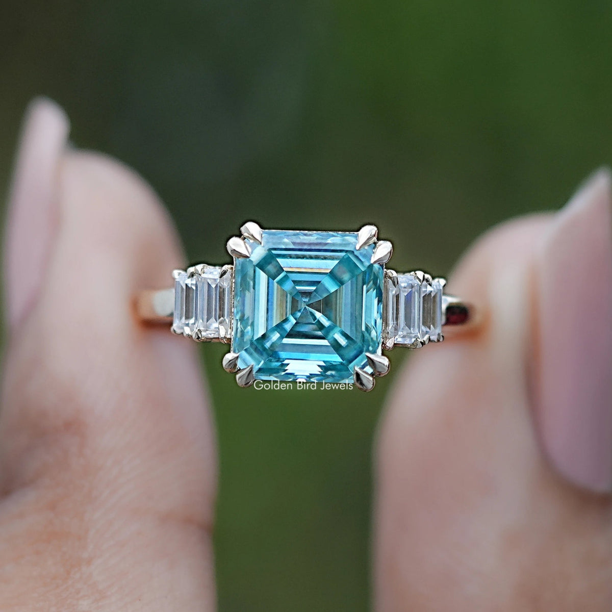 Front view of Asscher Cut Moissanite Five Stone Engagement Ring