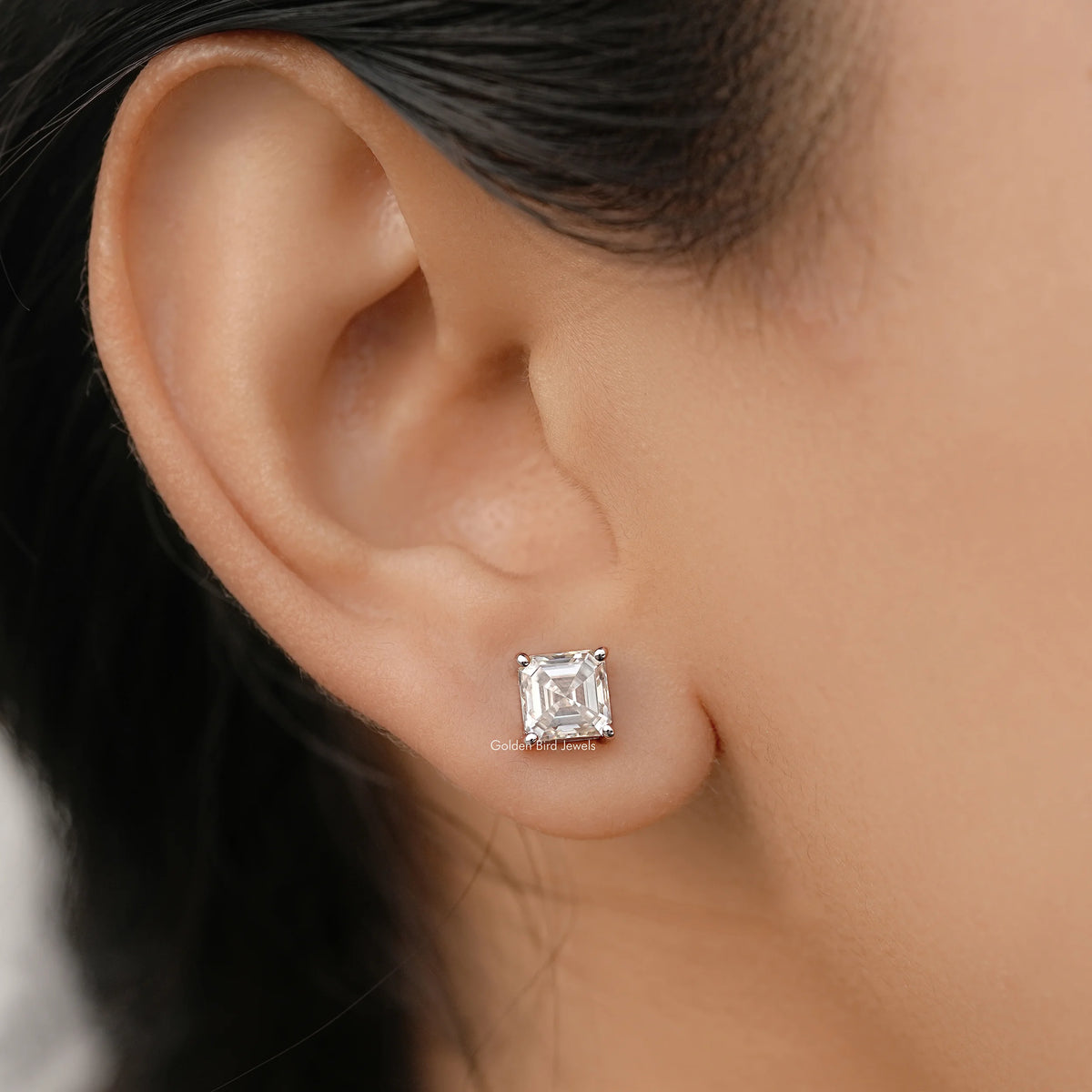 Asscher Cut Moissanite White Gold Stud Earrings