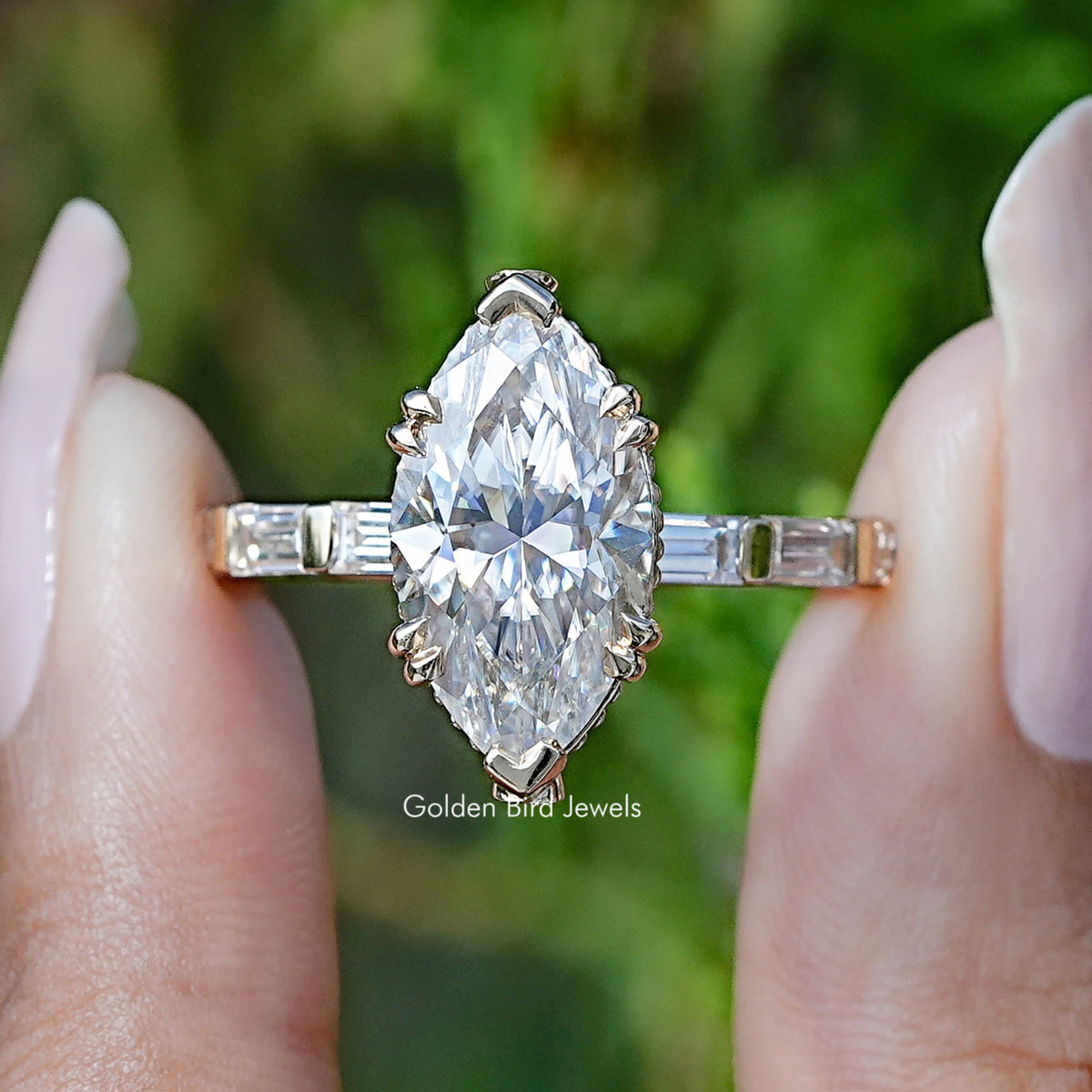 Front view of Marquise and Baguette Cut Moissanite Accent Ring
