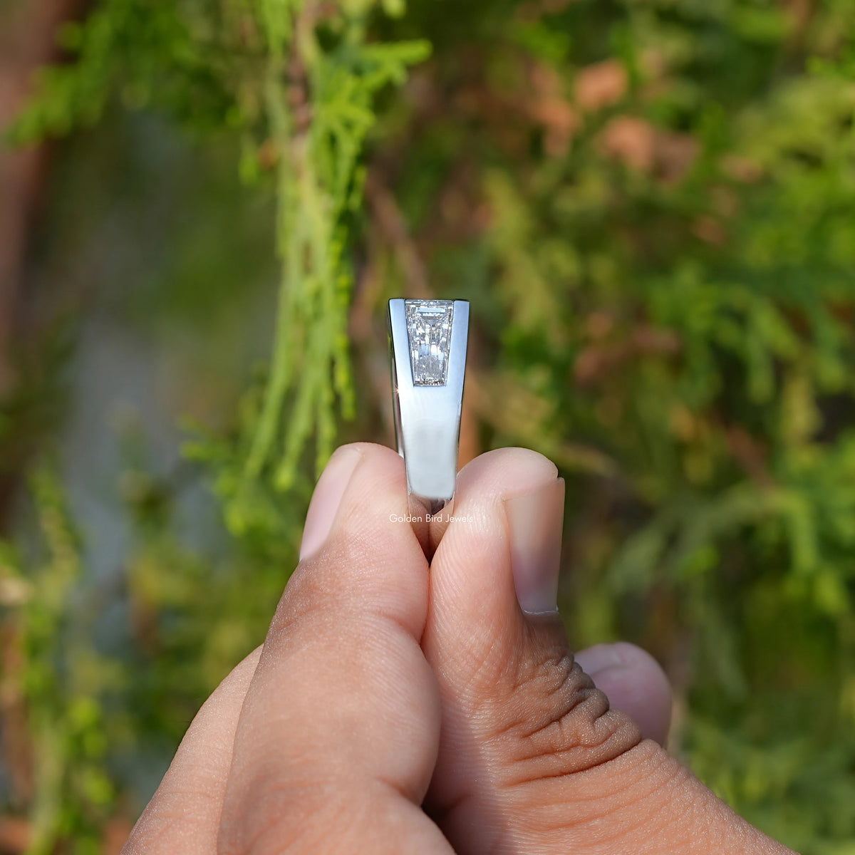 Side View of Baguette Cut Lab Diamond Men's Ring In two fingers