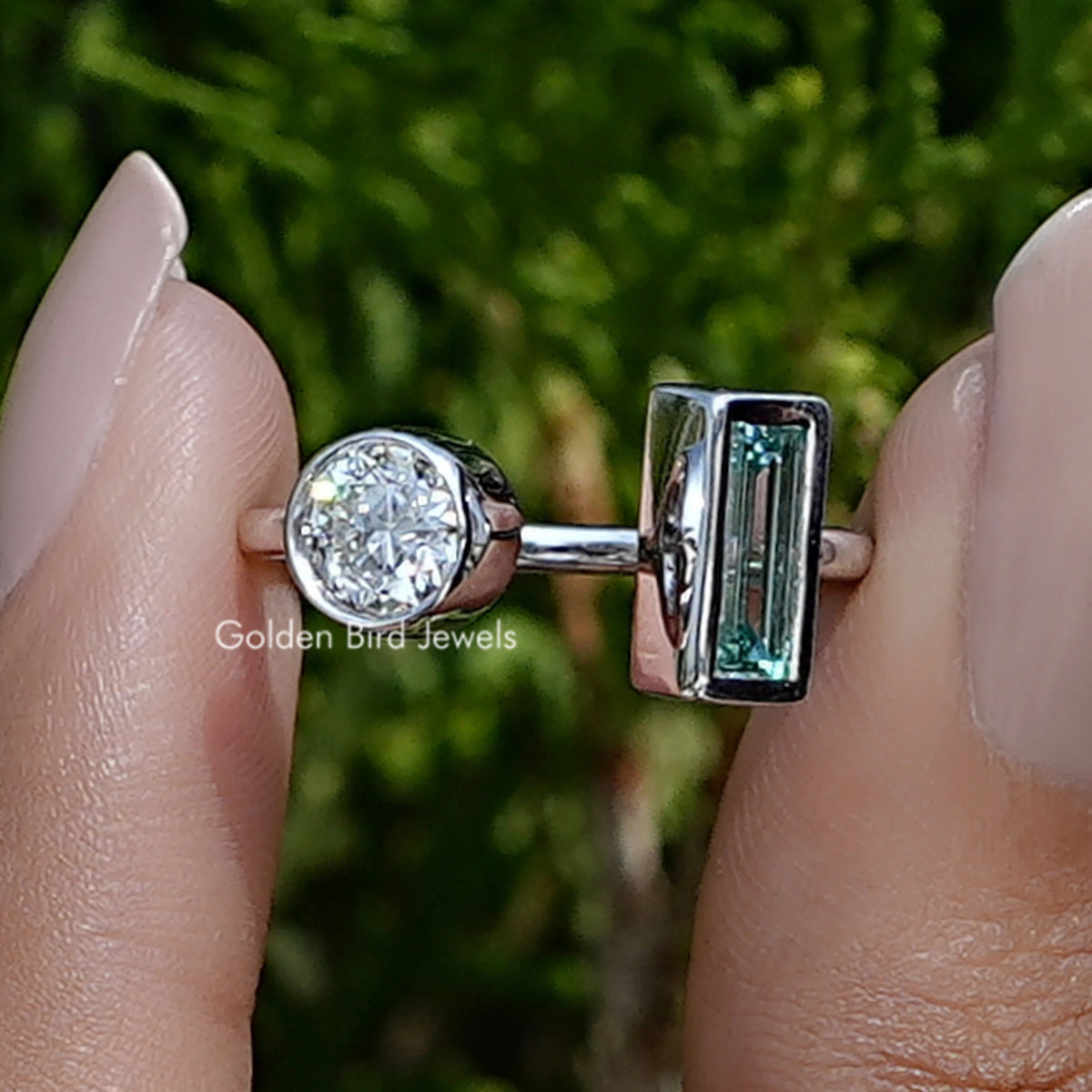 Front view of Baguette Cut Moissanite Open Cuff Toi Et Moi Ring