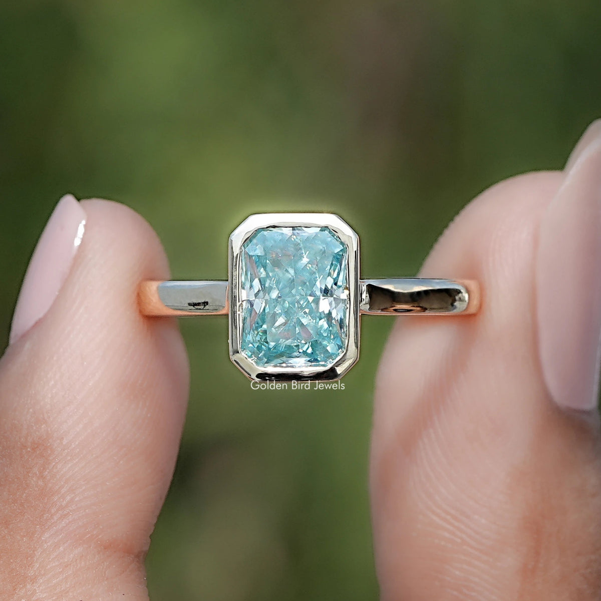 Blue Radiant Moissanite Bezel Set Solitaire Ring