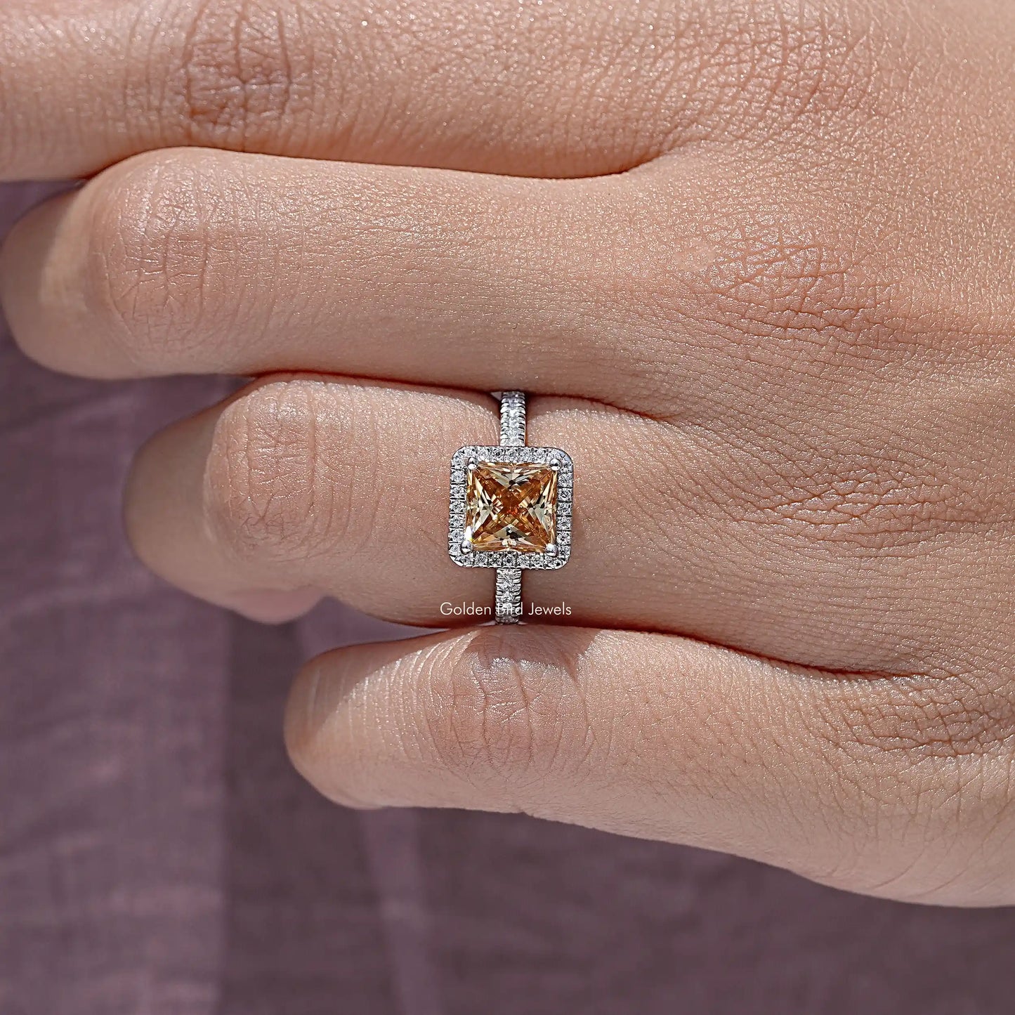 Champagne Princess Moissanite Accent Halo Ring