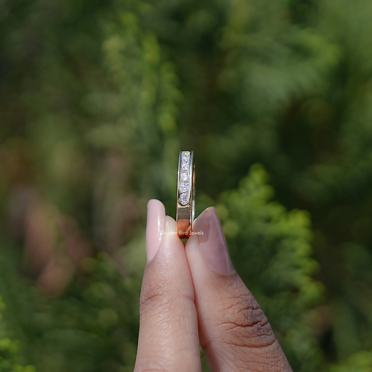 Round Cut Moissanite Half Eternity Channel Set Band