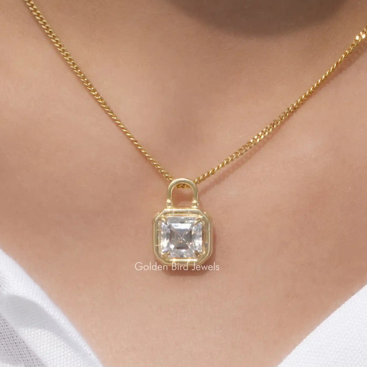 View of Asscher moissanite cut solitaire pendant