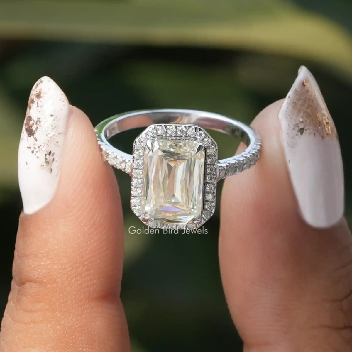 Criss Cut Moissanite Halo Accent Engagement Ring