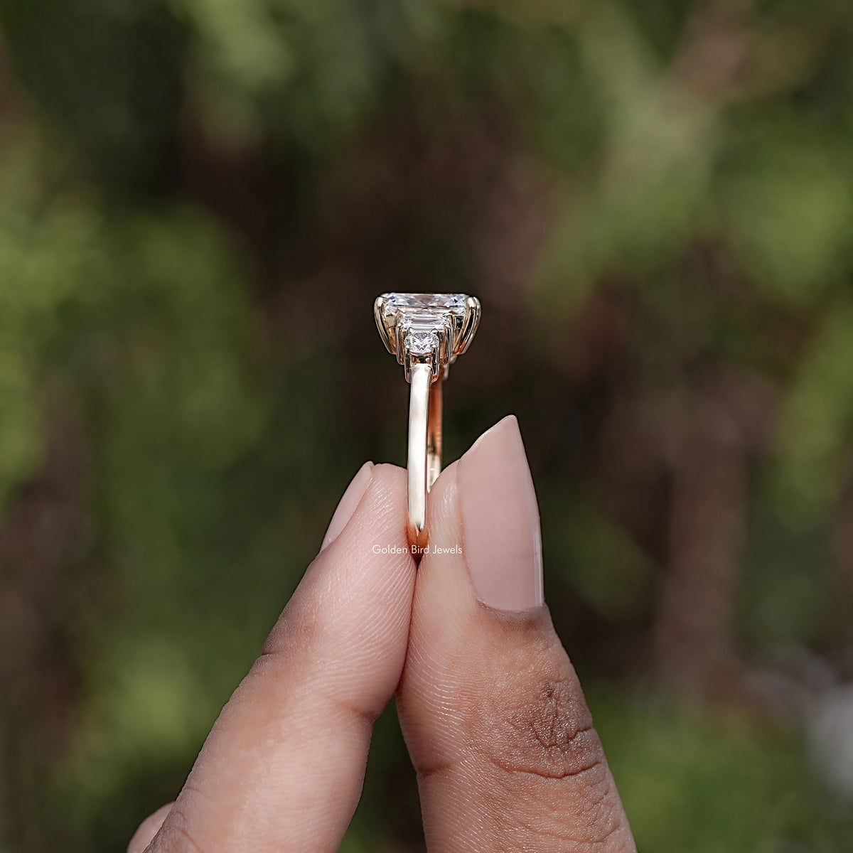Side View of Cushion And Baguette Diamond Five Stone Ring