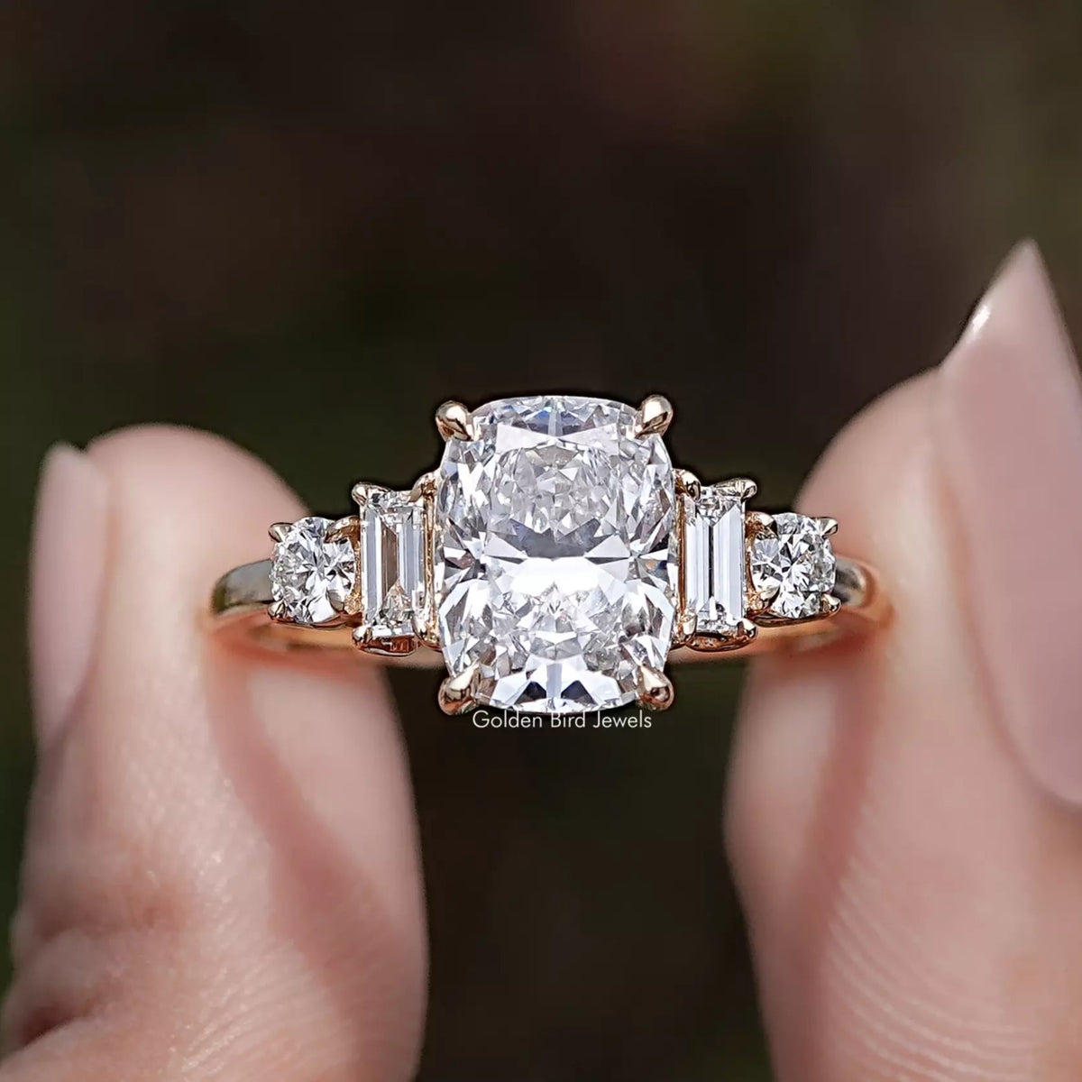 Cushion And Baguette Lab Diamond Five Stone Ring In Two Fingers