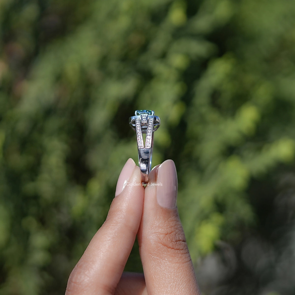 Side View of Engagement ring crafted Cushion Cut Moissanite