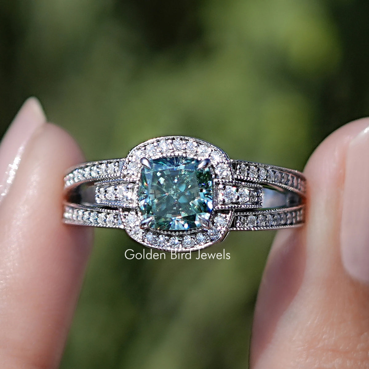 Front View Of Cushion Cut Moissanite Halo Engagement Ring