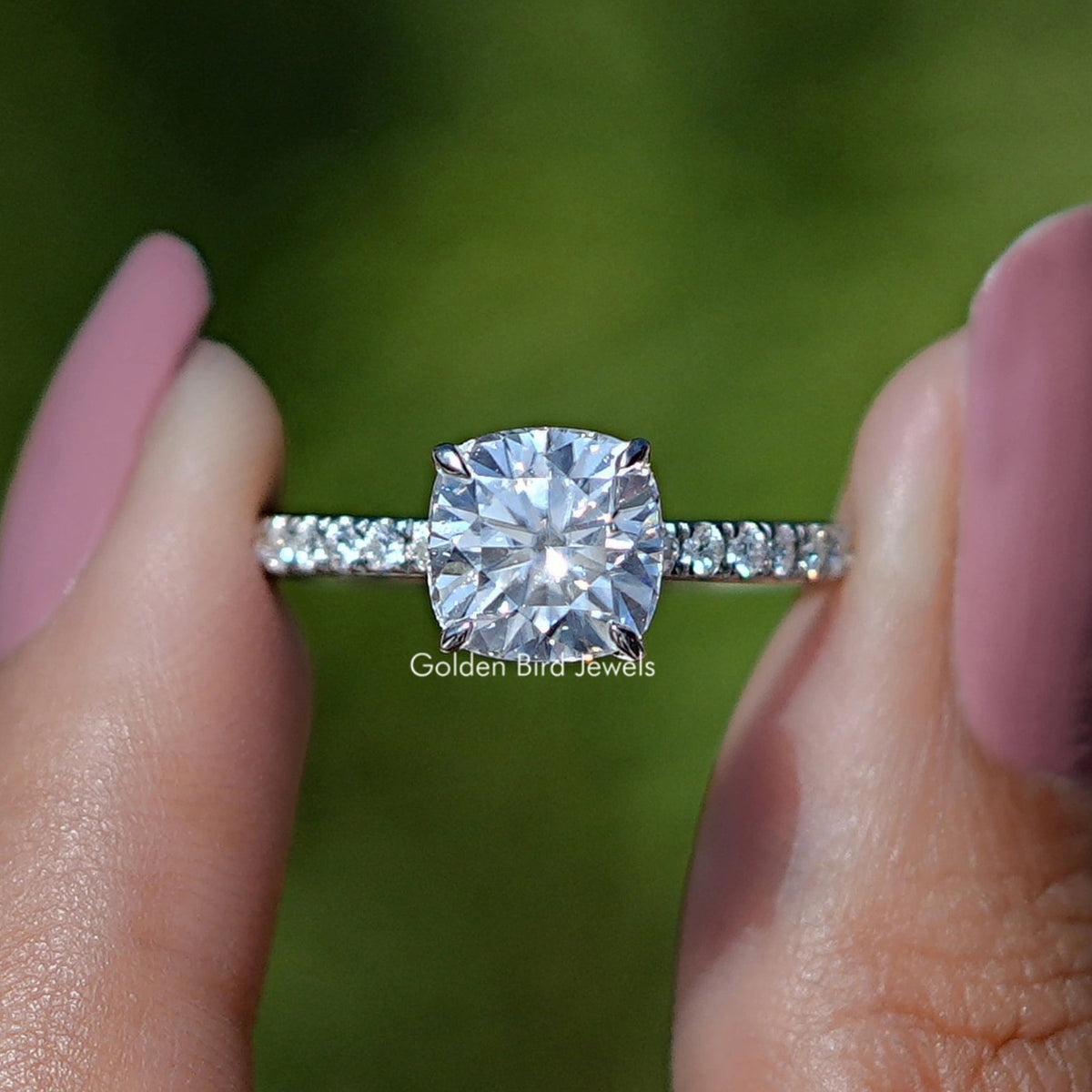 Front view of Cushion Cut Moissanite Solitaire Engagement Ring