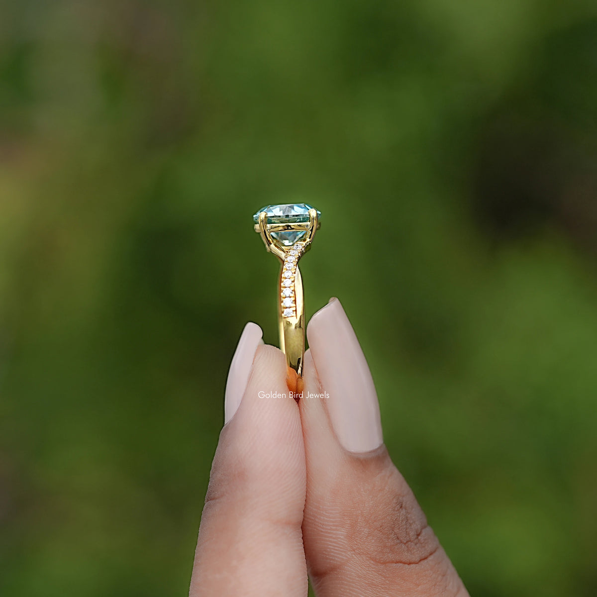 Side View of Cyan Blue Old European Round Moissanite Ring