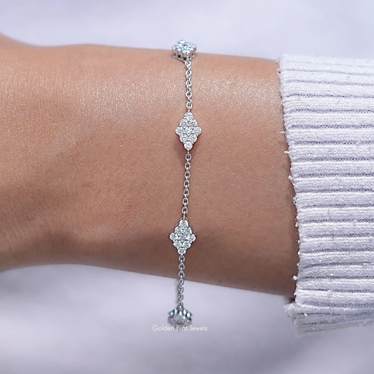 Close up View of Round Cut CVD Diamond Station Chain Bracelet