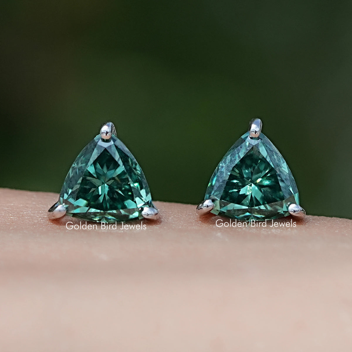 Dark Green Trillion Cut Moissanite Stud Earrings