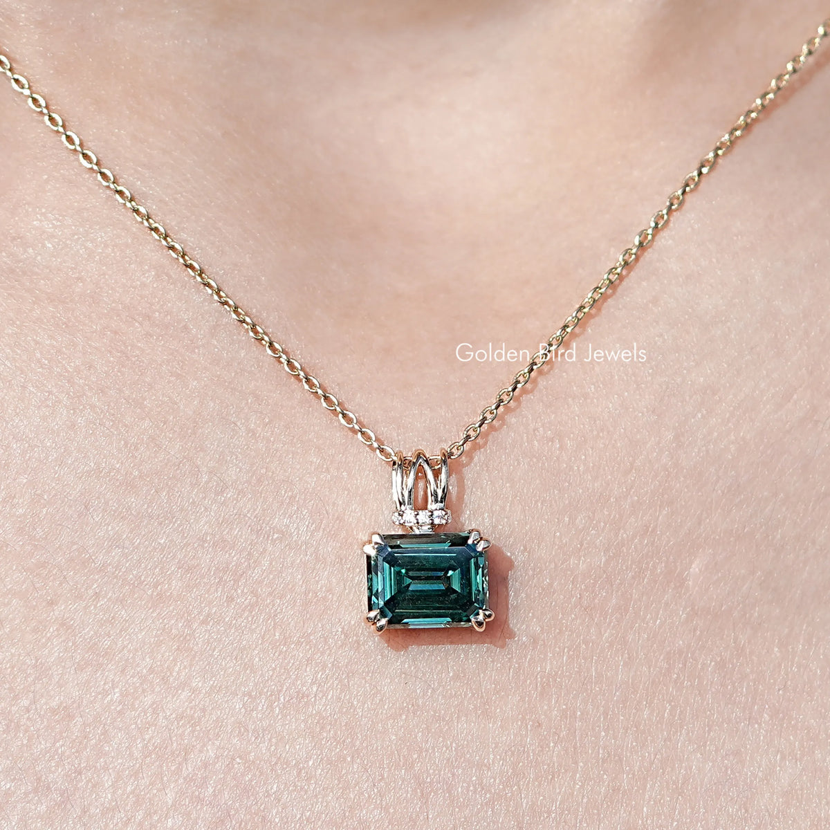 Front View Of Emerald Cut Moissanite Solitaire Pendant