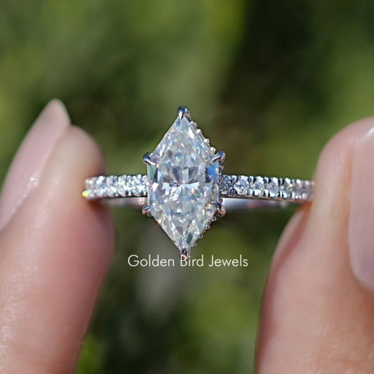 Front view of Dutch Marquise Moissanite Hidden Halo Accent Ring
