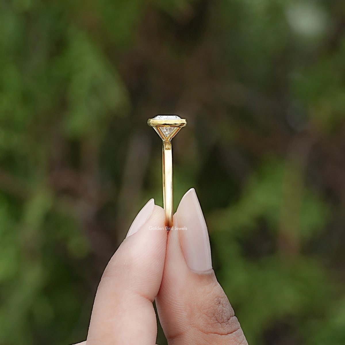 Side View of East West Cushion Diamond Bezel Set Ring