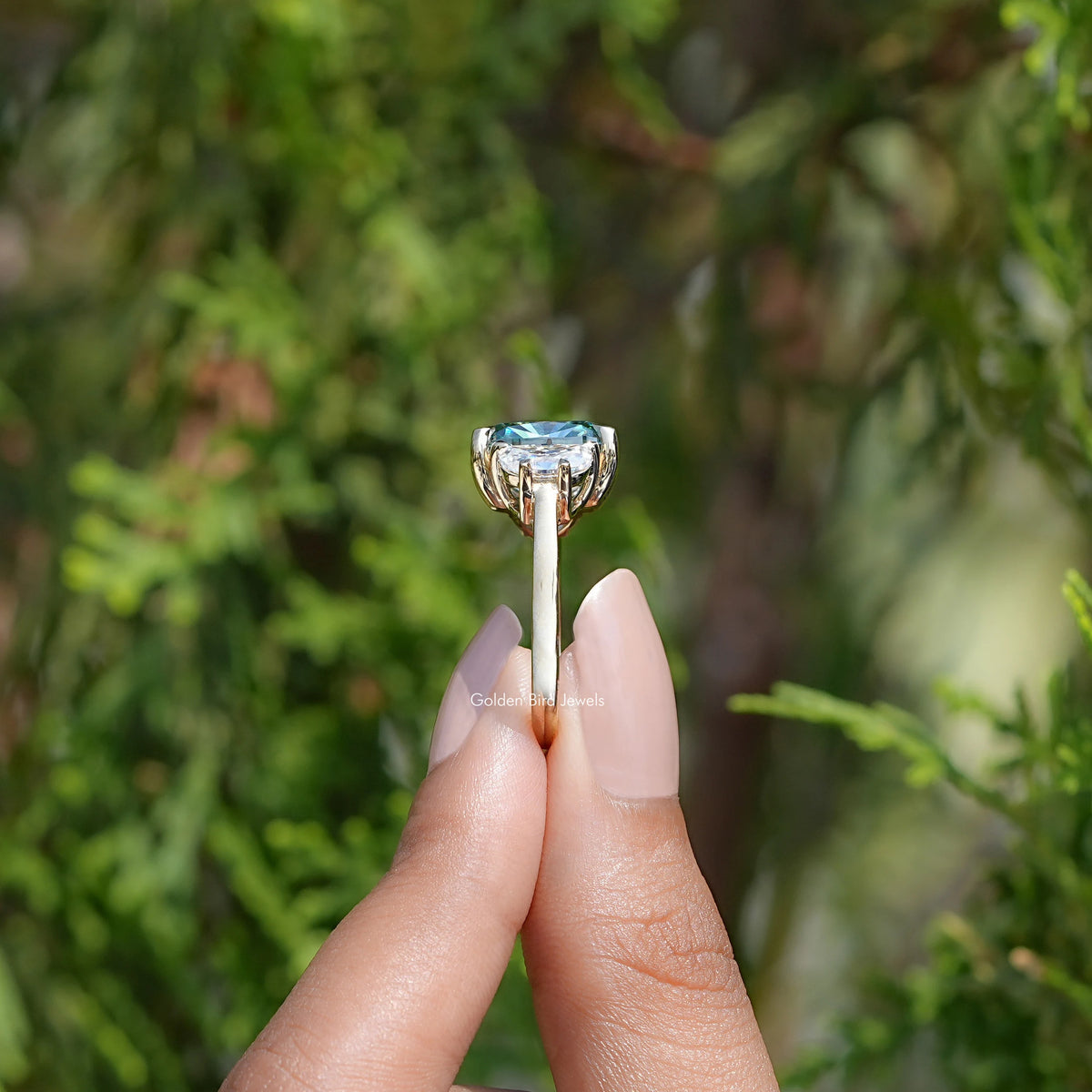 Side View Of Cushion Cut Moissanite Three Stone Ring