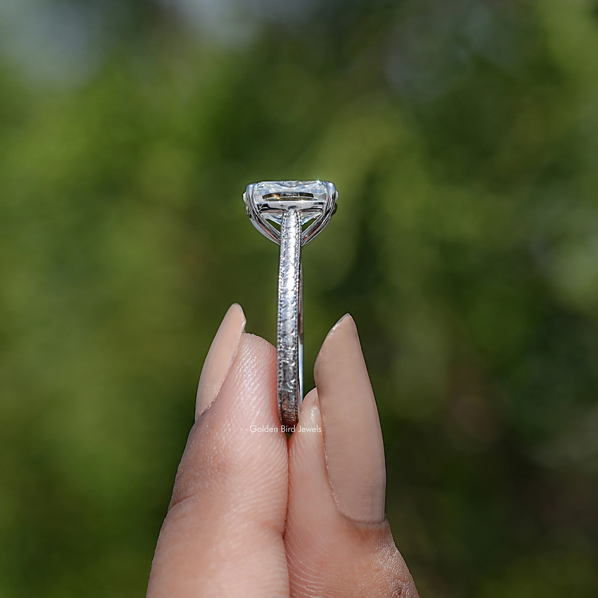 Side View of Elongated Cushion Cut Moissanite Ring