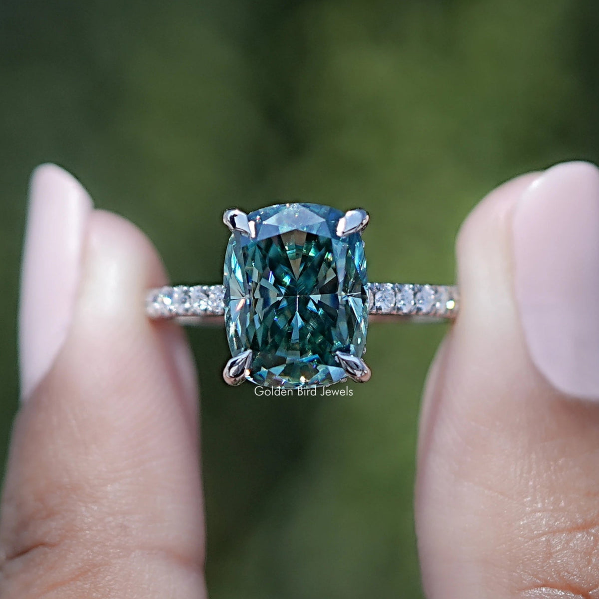 Elongated Cushion Cut Moissanite Hidden Halo Ring