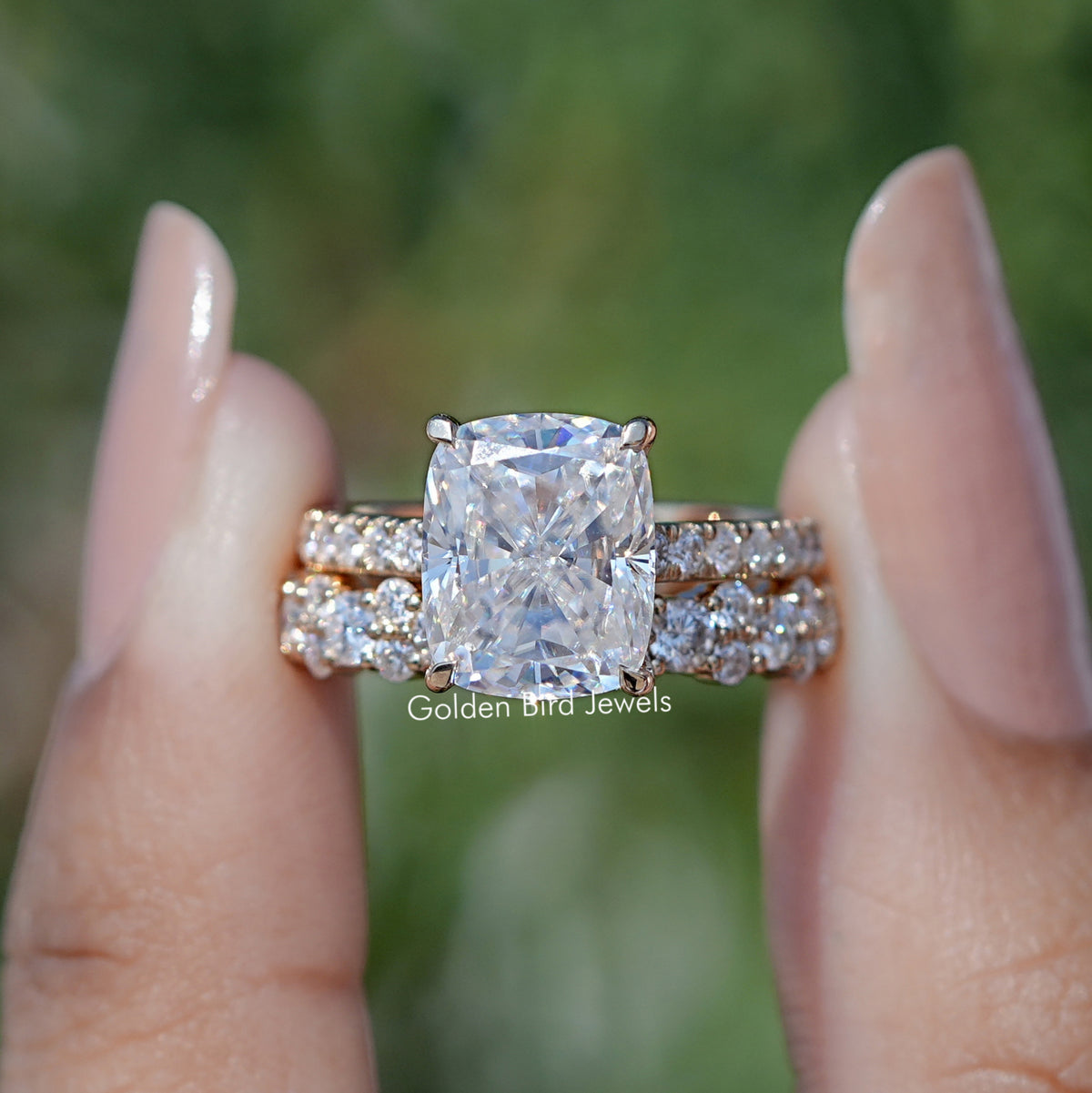 Elongated Cushion Cut Moissanite Ring Set