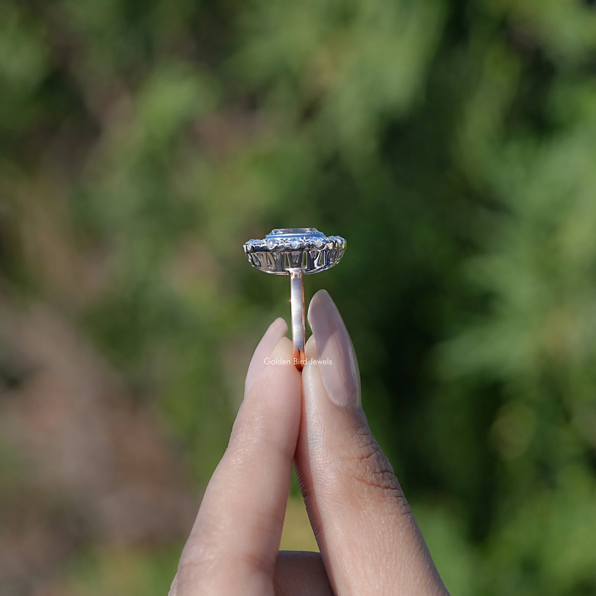 Side View Of Old Mine Cushion cut engagement ring
