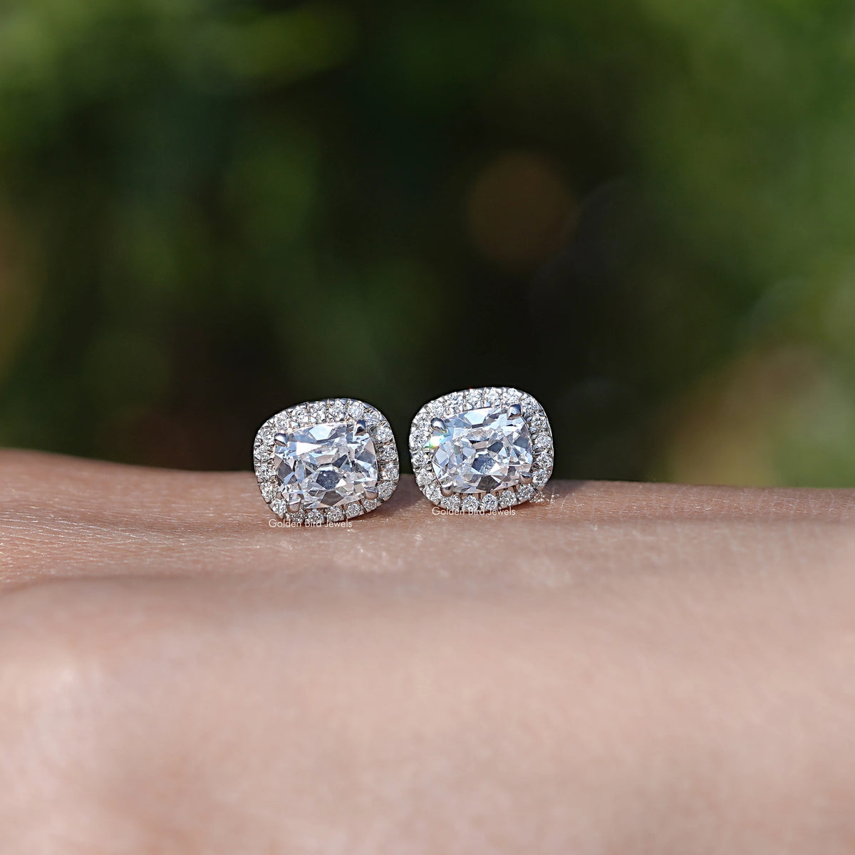 View of Old Mine Cushion Cut Diamond Halo Earrings In White Gold