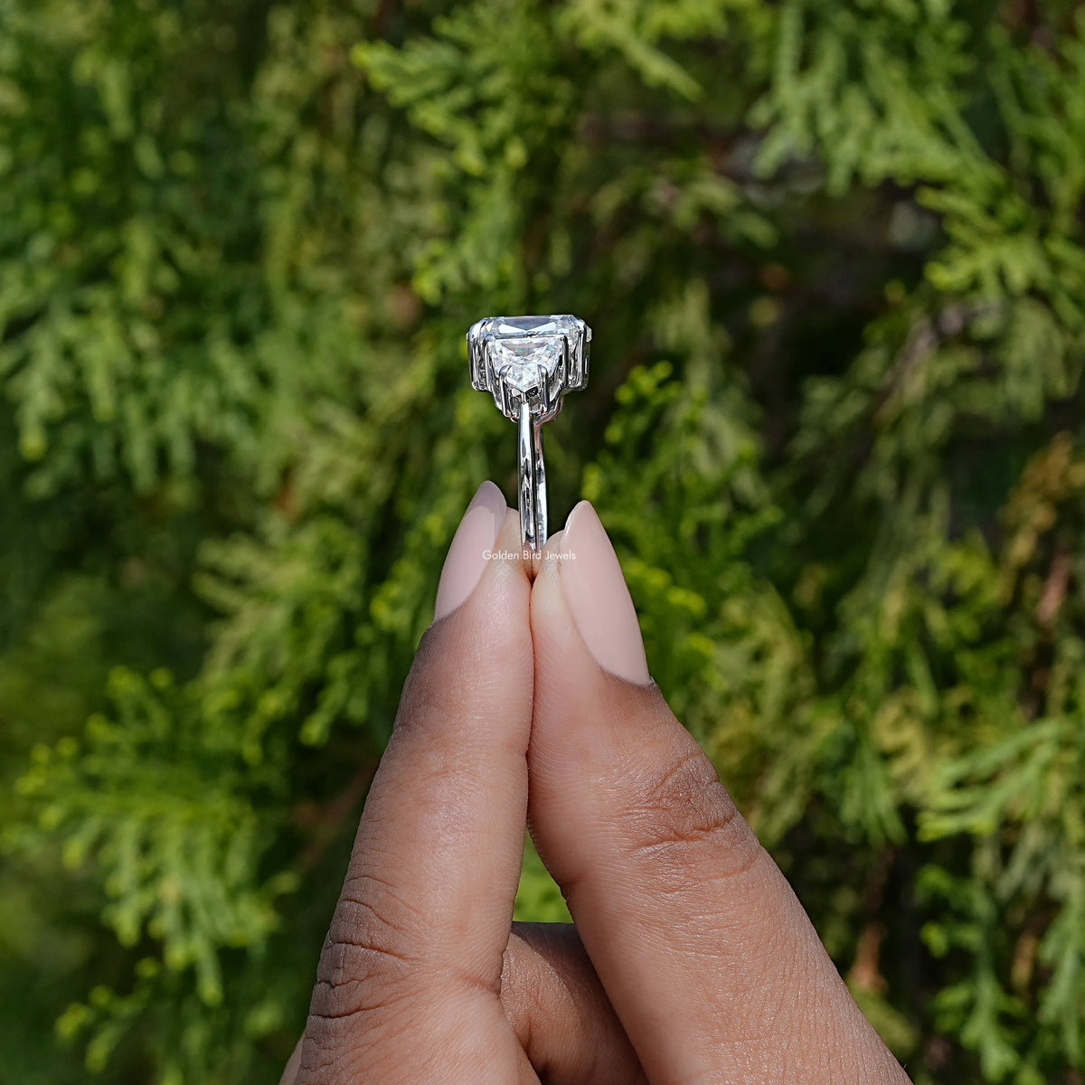 Side view of cushion cut moissanite Ring in white gold