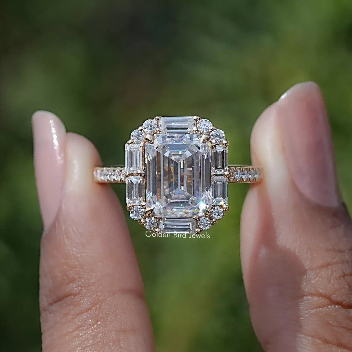 Emerald And Baguette Moissanite Halo Engagement Ring