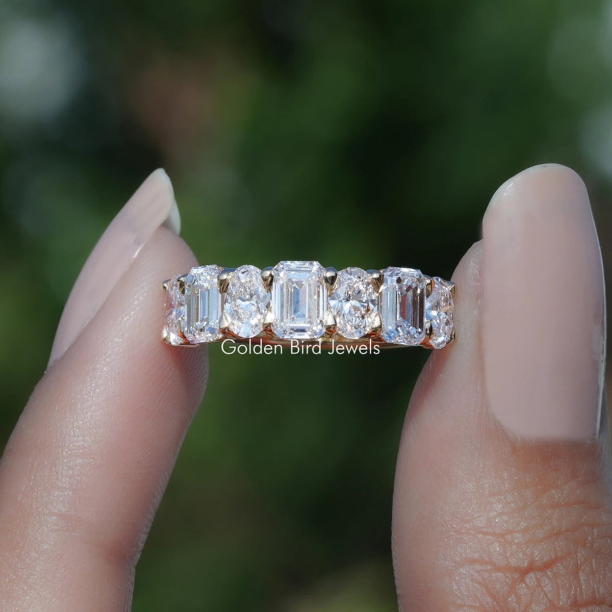 Emerald And Oval Lab Diamond Seven Stone Ring