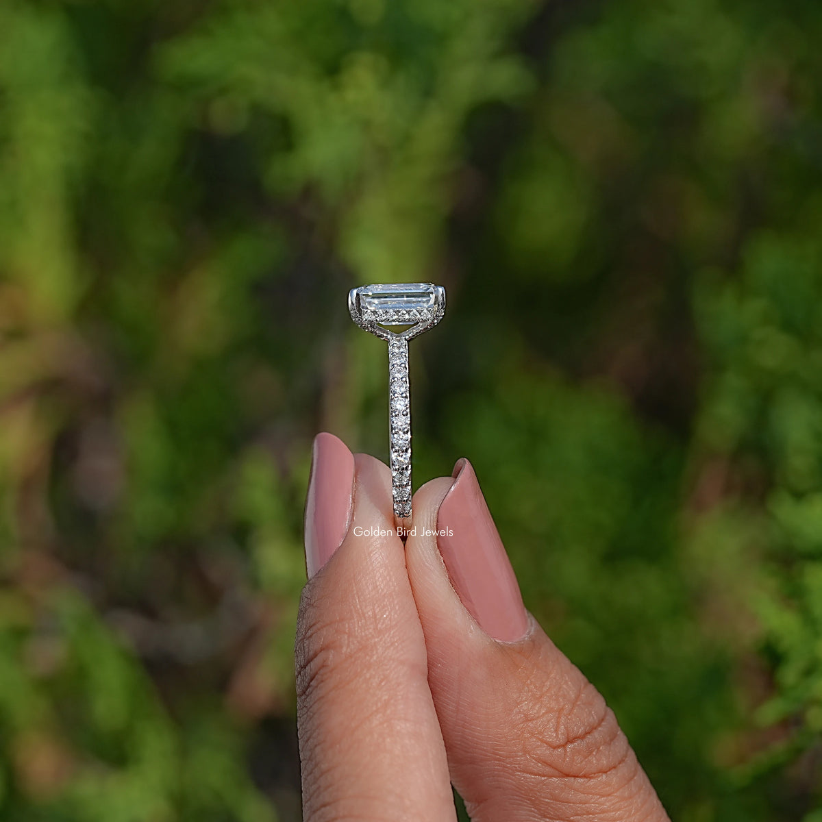 Emerald Lab Diamond Hidden Halo Engagement Ring