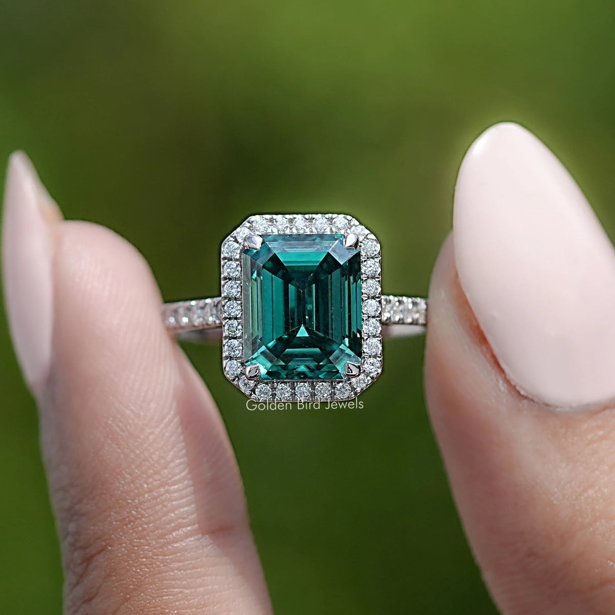 Emerald Moissanite Halo Accent Engagement Ring