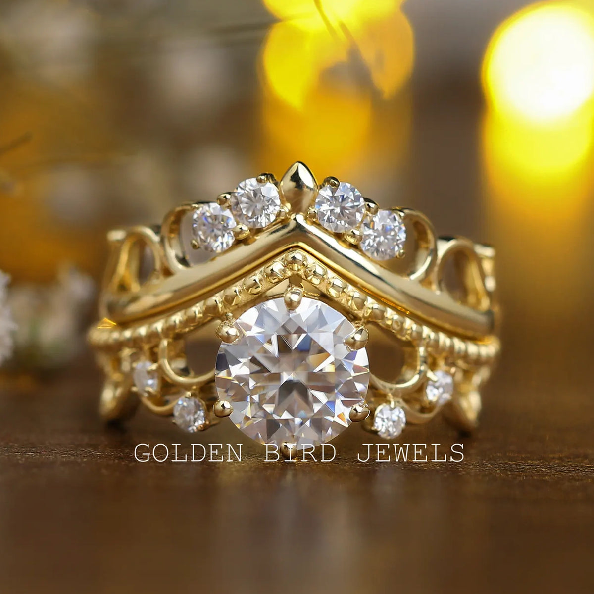 Round Cut Moissanite Bridal Wedding Vintage Ring Set