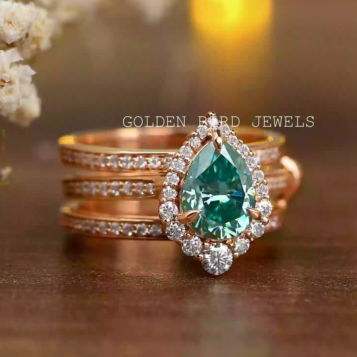 Blue Pear Cut Moissanite Wedding Ring Set