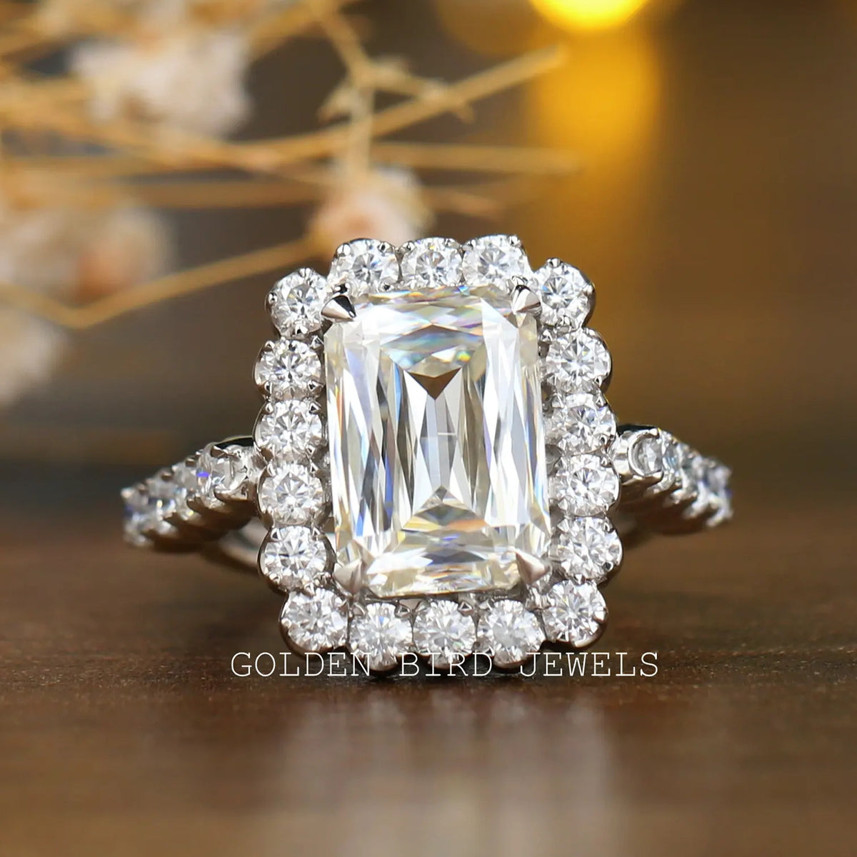 Colorless Criss Cut Moissanite Engagement Halo Ring