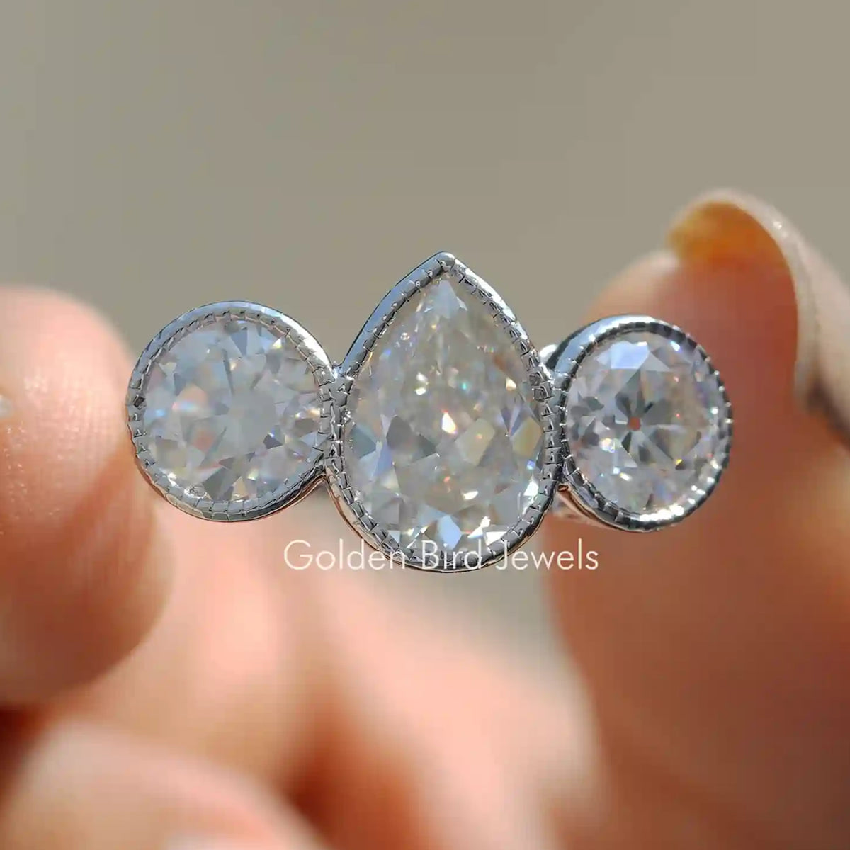 Old Mine Pear Cut Moissanite 3 Stone Ring