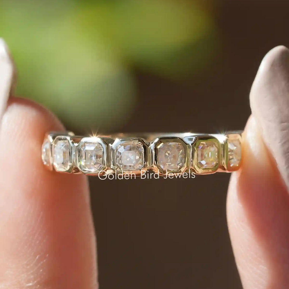 Colorless Asscher Cut Moissanite Wedding Band