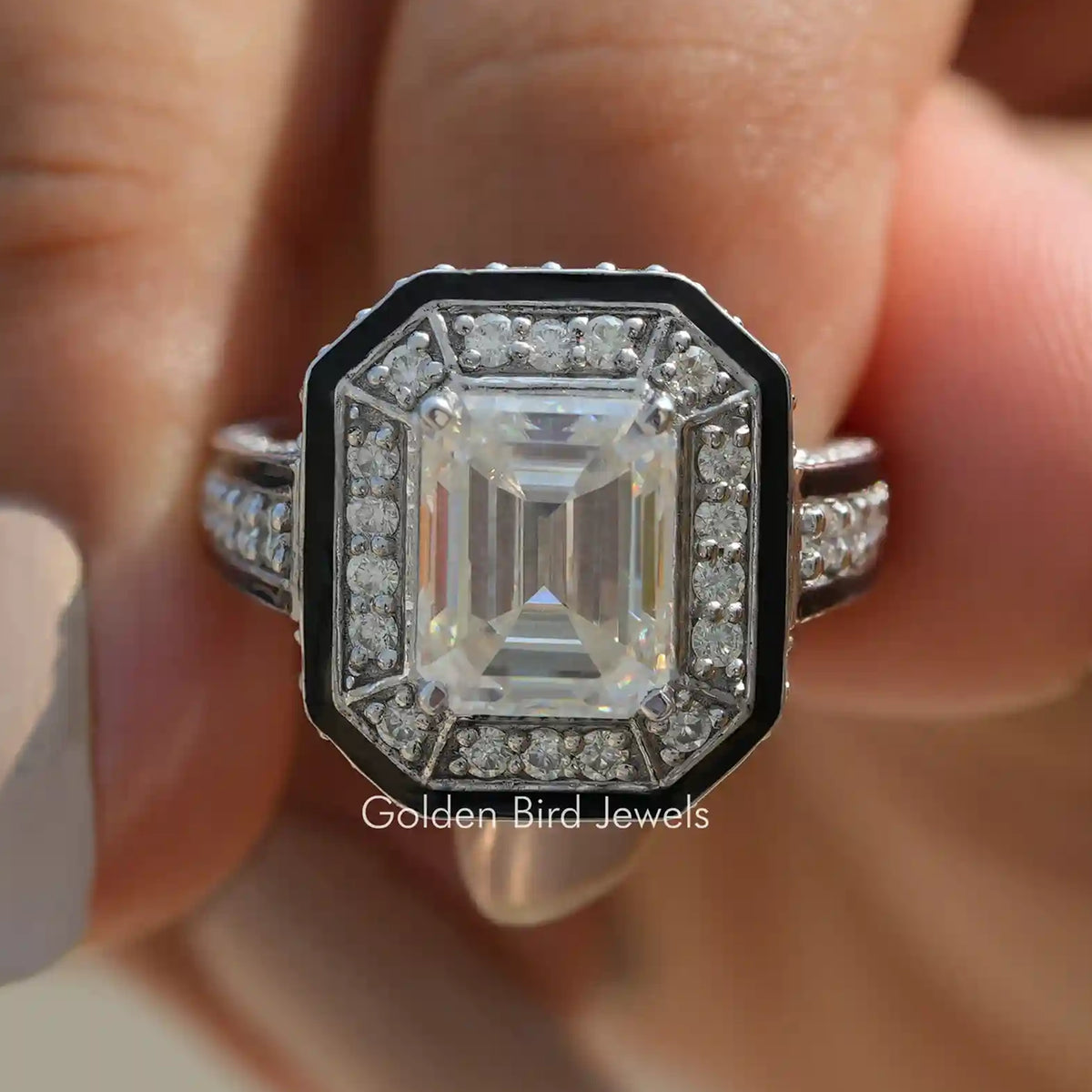 Unique Emerald Cut Moissanite Halo Ring