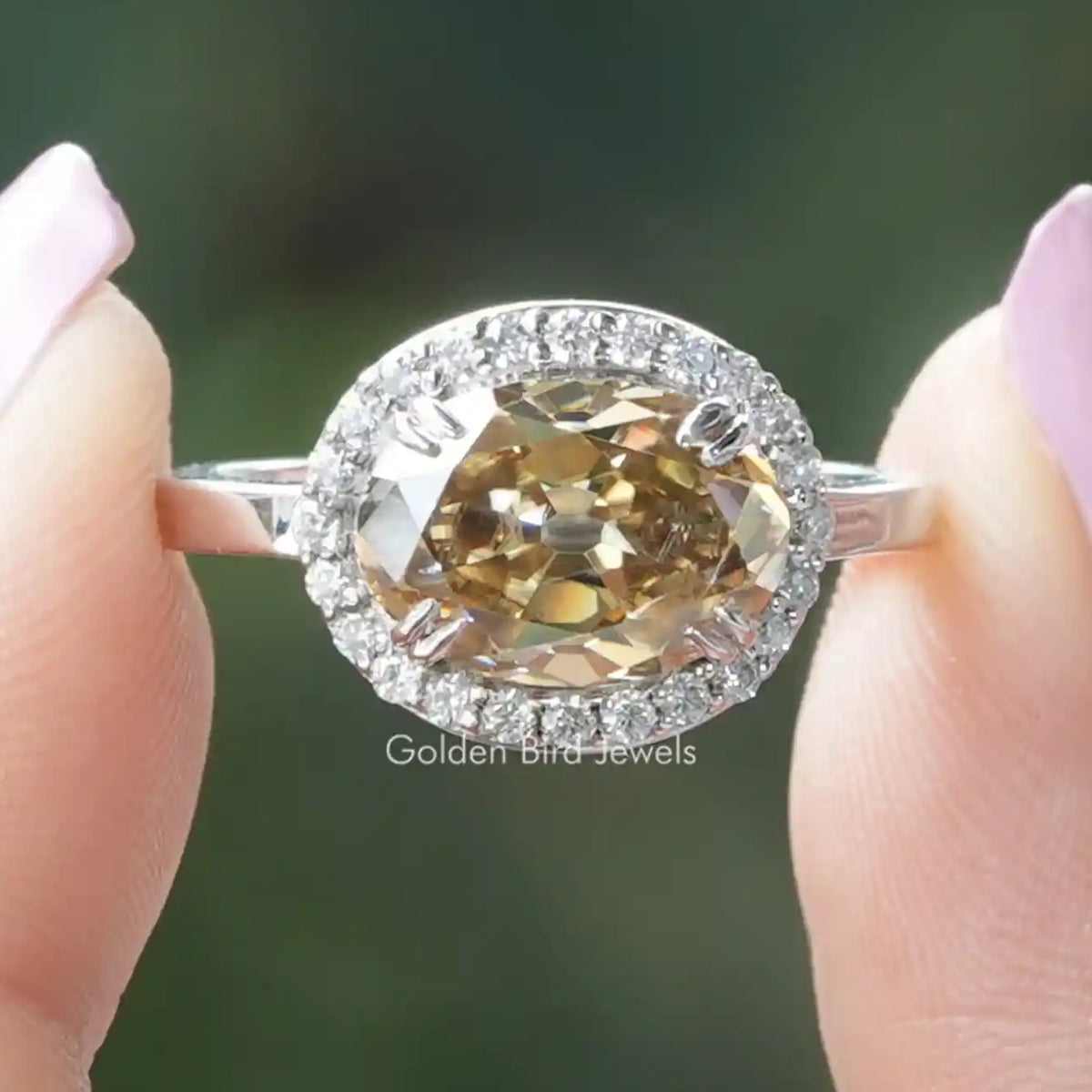 Old Mine Oval Cut East West Moissanite Halo Ring