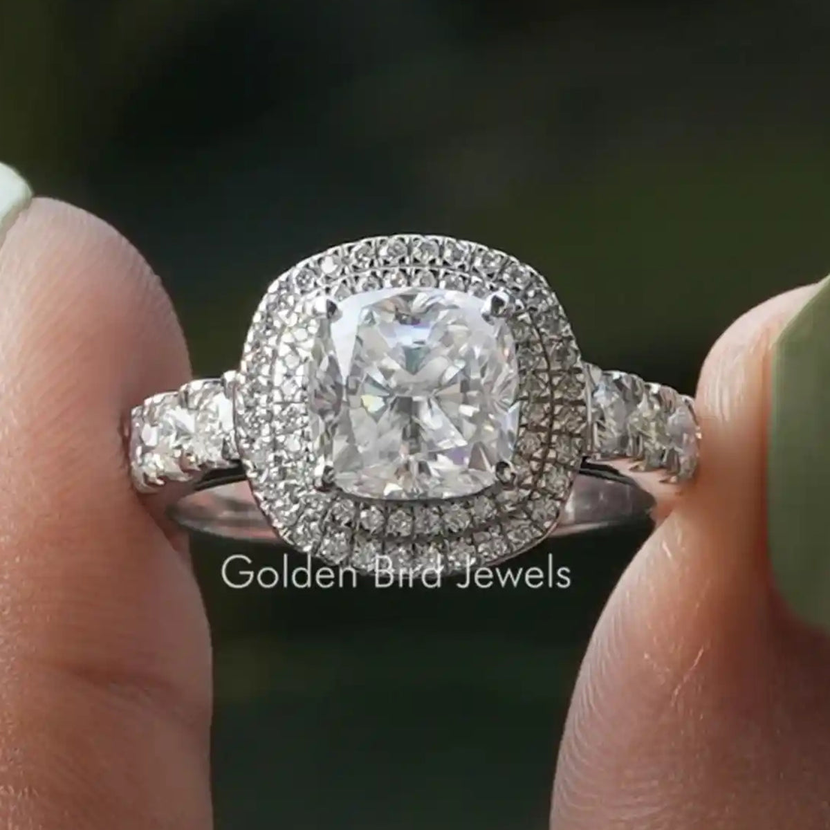Cushion Cut Moissanite Double Halo Ring