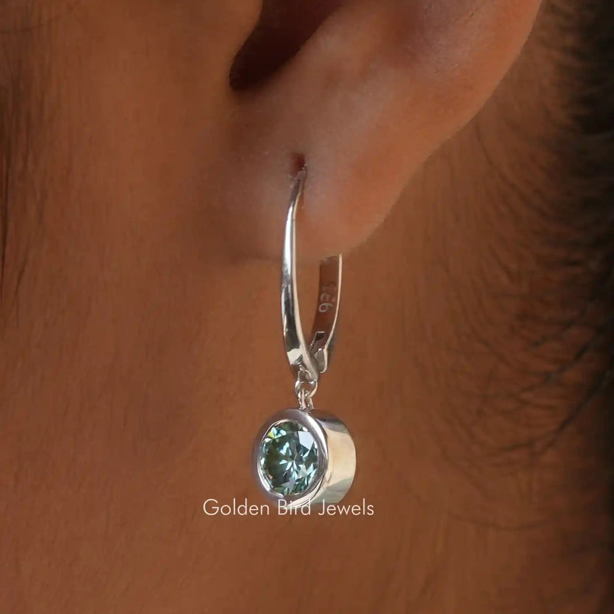 Blue Green Round Moissanite Dangle Earrings