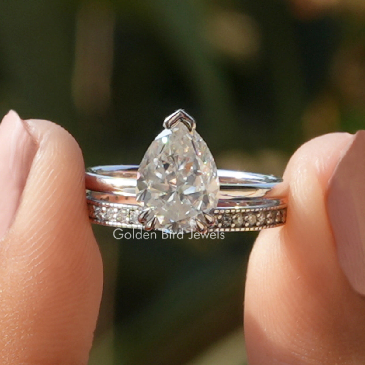 Pear Moissanite Hidden Halo Ring With Eternity Band