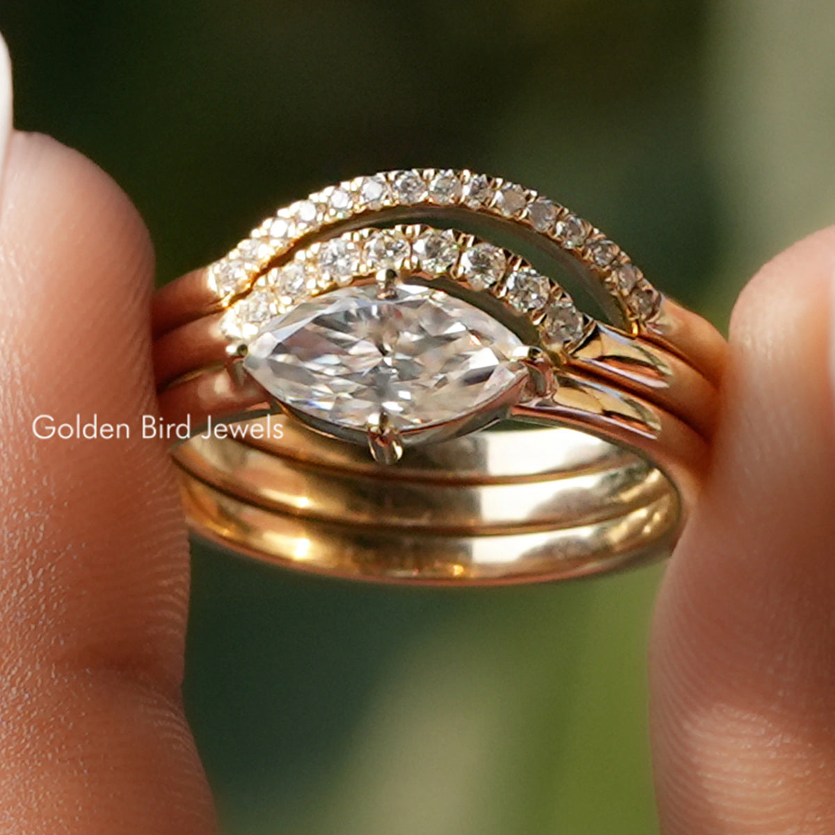 Marquise Cut Moissanite Trio Bridal Curved Band Set