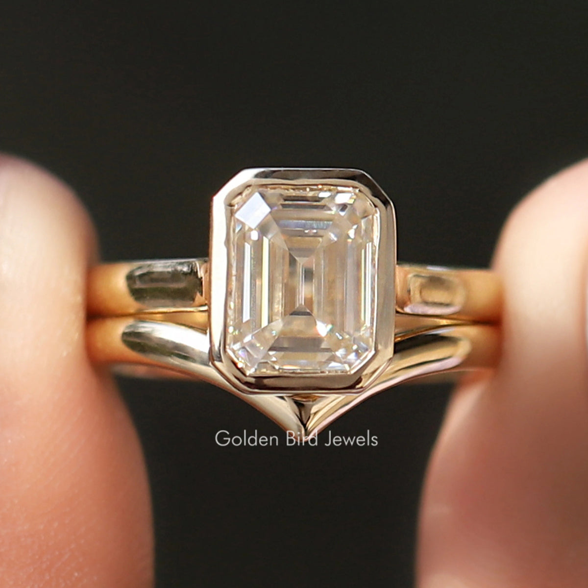 Emerald Cut Moissanite Bezel Set Ring With Curved Band